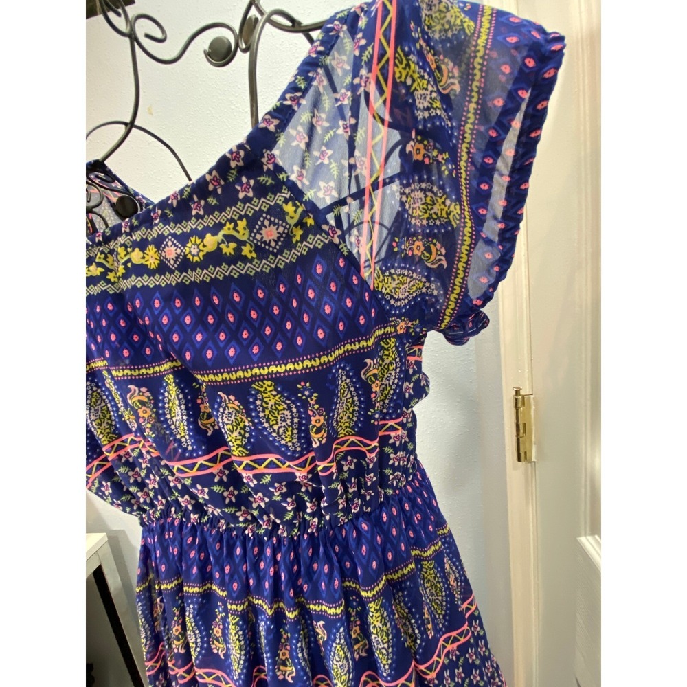 NWT Fun & Flirt Blue Paisley Print Boho Maxi Dress Cap Sleeve Elasticized XS - Picture 2 of 6